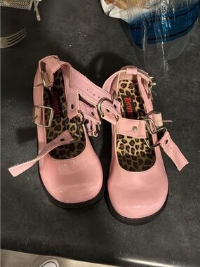 Demonia Pink Patent Heart-Buckle Mary Jane Kids Shoes